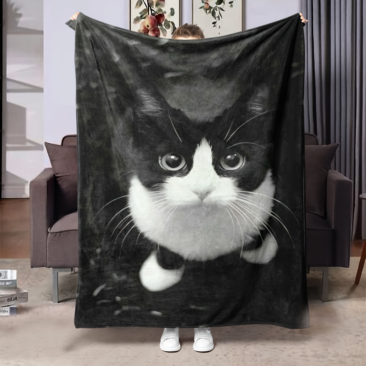 TEMU [] Cozy Cat Blanket - For Couch, Bed, , And Travel - Soft Flannel, - Christmas Or Thanksgiving Gift