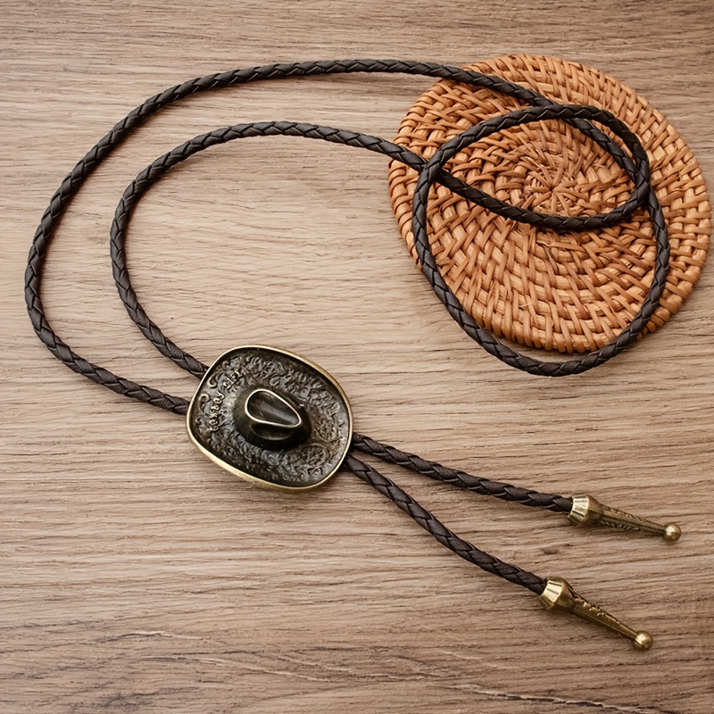 TEMU 1pc Western Vintage Cowboy Hat Bolo Tie, Braided Rope Style, Distressed Silvery/brass Metal Engraved Buckle, Unisex Neck Accessory, Trendy Cool