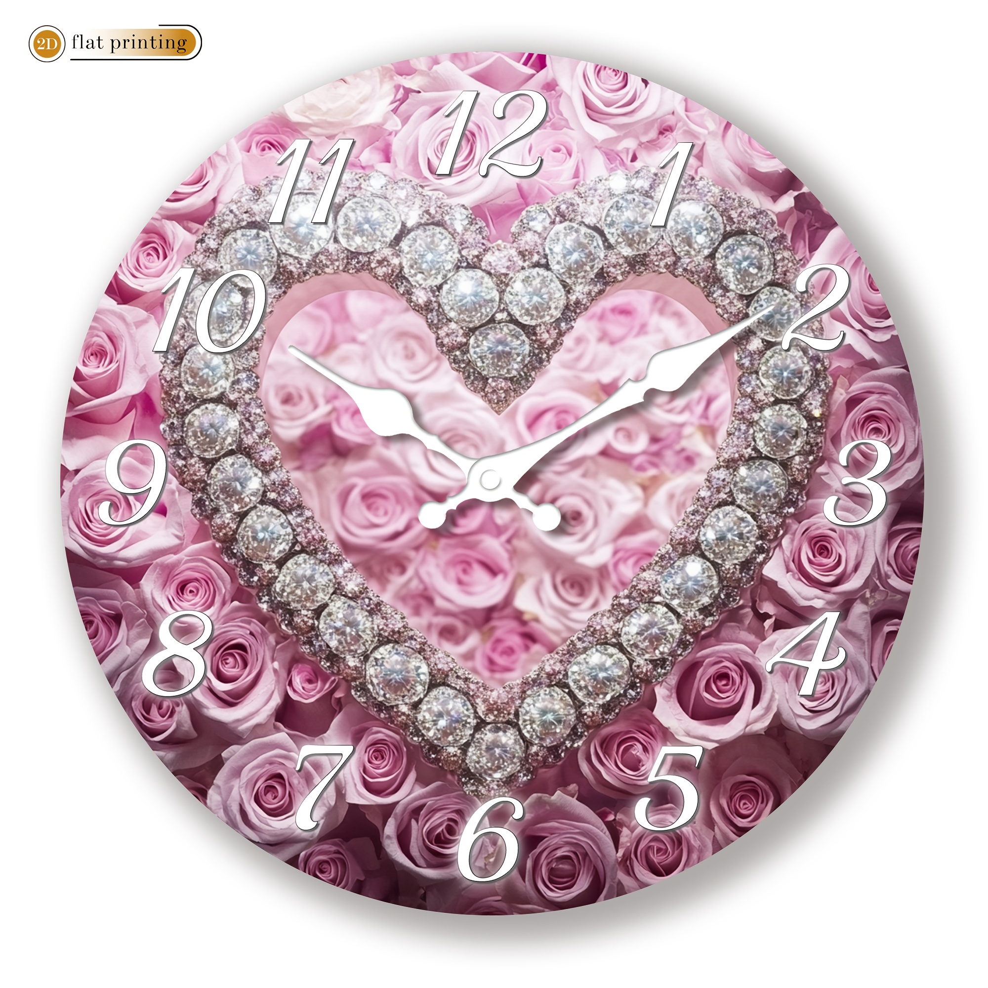 TEMU 1pc Floral Wall Clock With Diamonds, Wooden Home Silent Wall Clock- 2d Flat Printing, Suitable For Restaurant, Cafe, And Kitchen Decoration, New