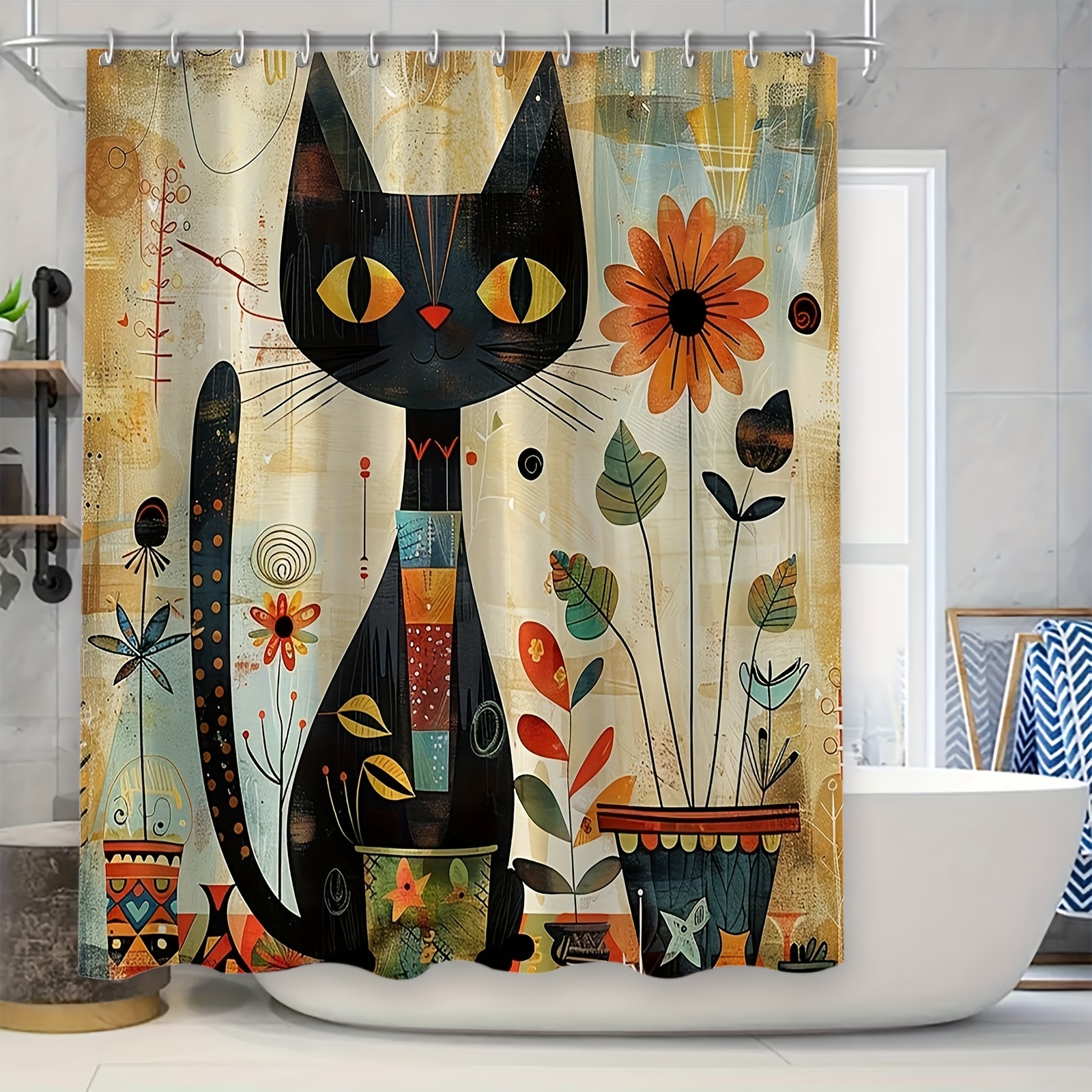 

easy-care" Chic Vintage Cat & Floral Waterproof Shower Curtain Set With 12 Hooks - Machine Washable, Polyester Bathroom Decor, 70.8"x70.8