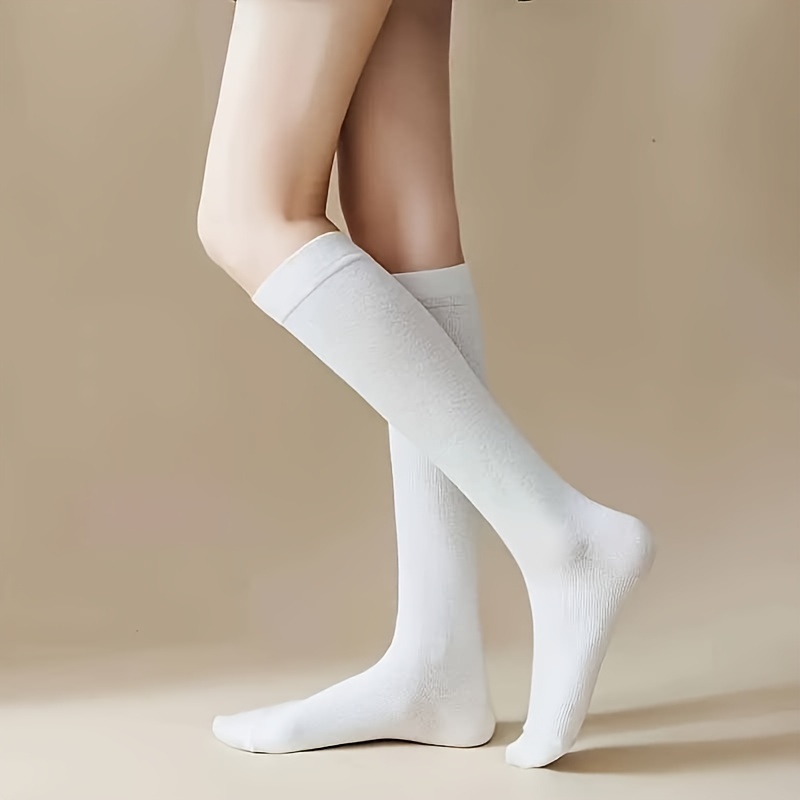 

1 Pair Of Elegant White Calf Socks For Women - Soft Polyester, Ribbed Texture, Knee-high Length, Solid Color, Hand Washable - , Cute Socks