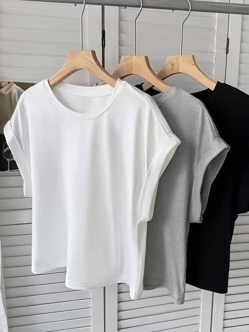 juego de 3 camisetas de corta para mujer de color liso con enrollable - blusas casuales de cuello , opacas y lavables a máquina, adecuadas para exteriores, , casual - para superponer en