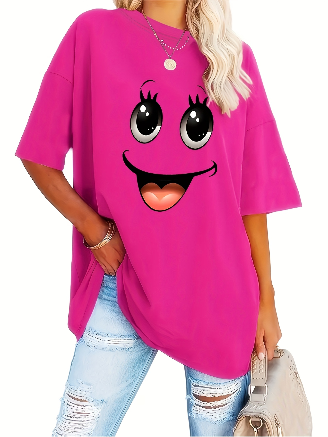 Women'S Plus Size Casual Crew Neck Short Sleeve Geometric Pattern Polyester Knit Fabric Slight Stretch Summer and Spring Tops