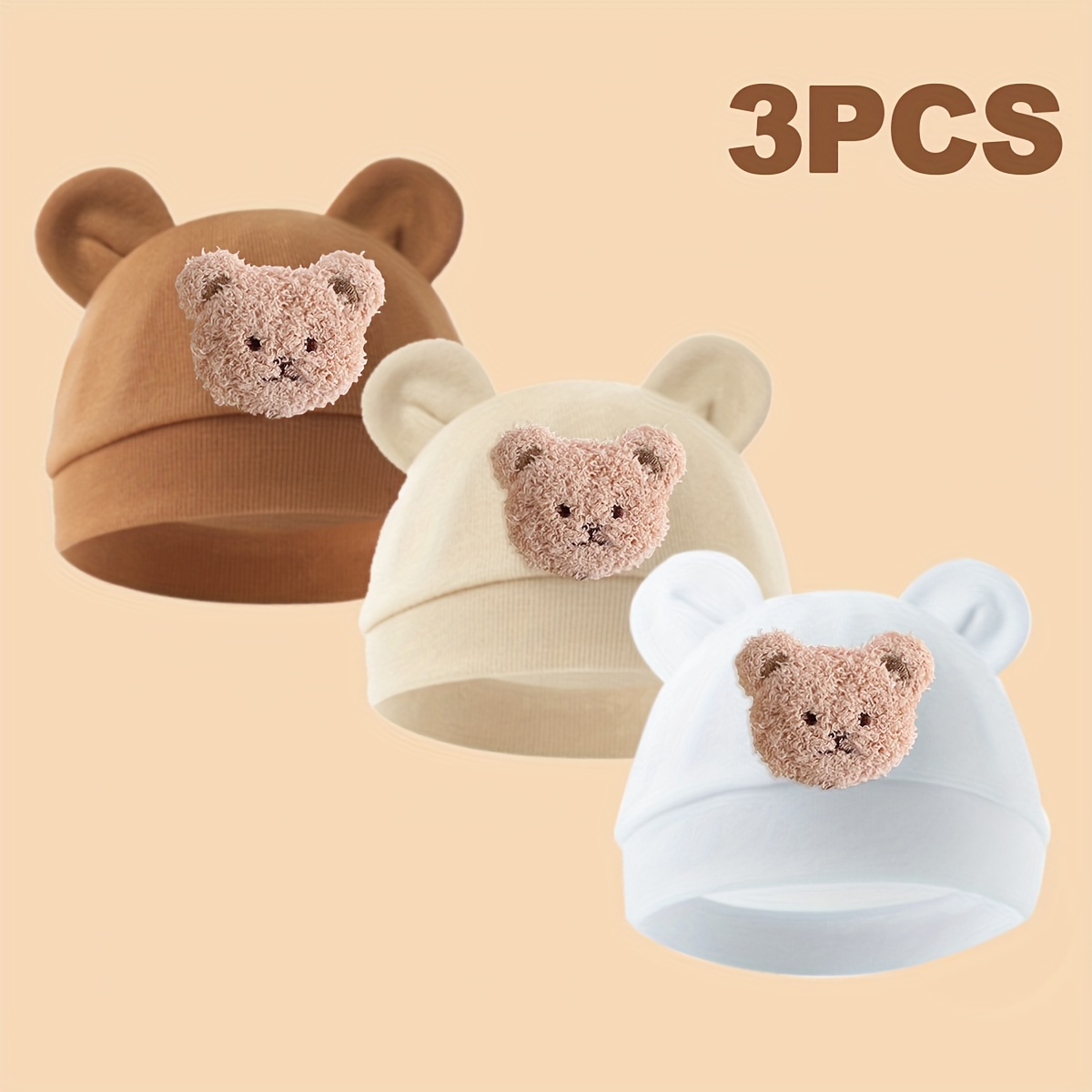 Image of 3pcs/1pc Baby Cute Bear Decorative Warm Tire Caps, Cute, Comfortable And Soft, Suitable For Daily Wear Of Infants Aged 0-3 Months, And As A Gift
