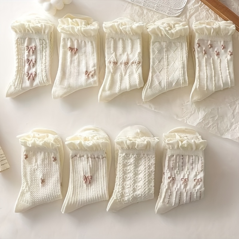 TEMU Nine-pack Sweet Lace Socks, High-quality Mid-calf Socks, -pack