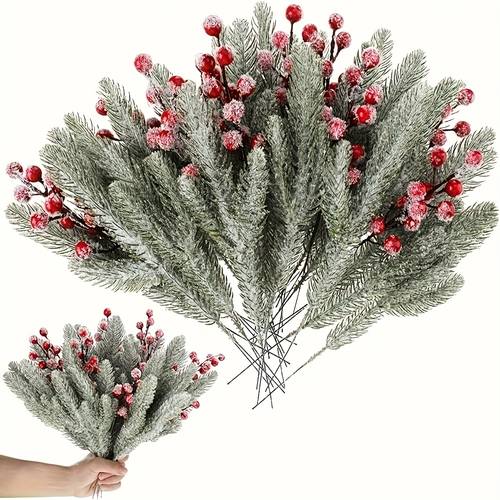 20pcs artificial snowflake berry and snowflake pine branch faux flower christmas table scene room desktop decoration suitable for christmas wreath gift box additions christmas tree ornaments table decoration wedding party decoration