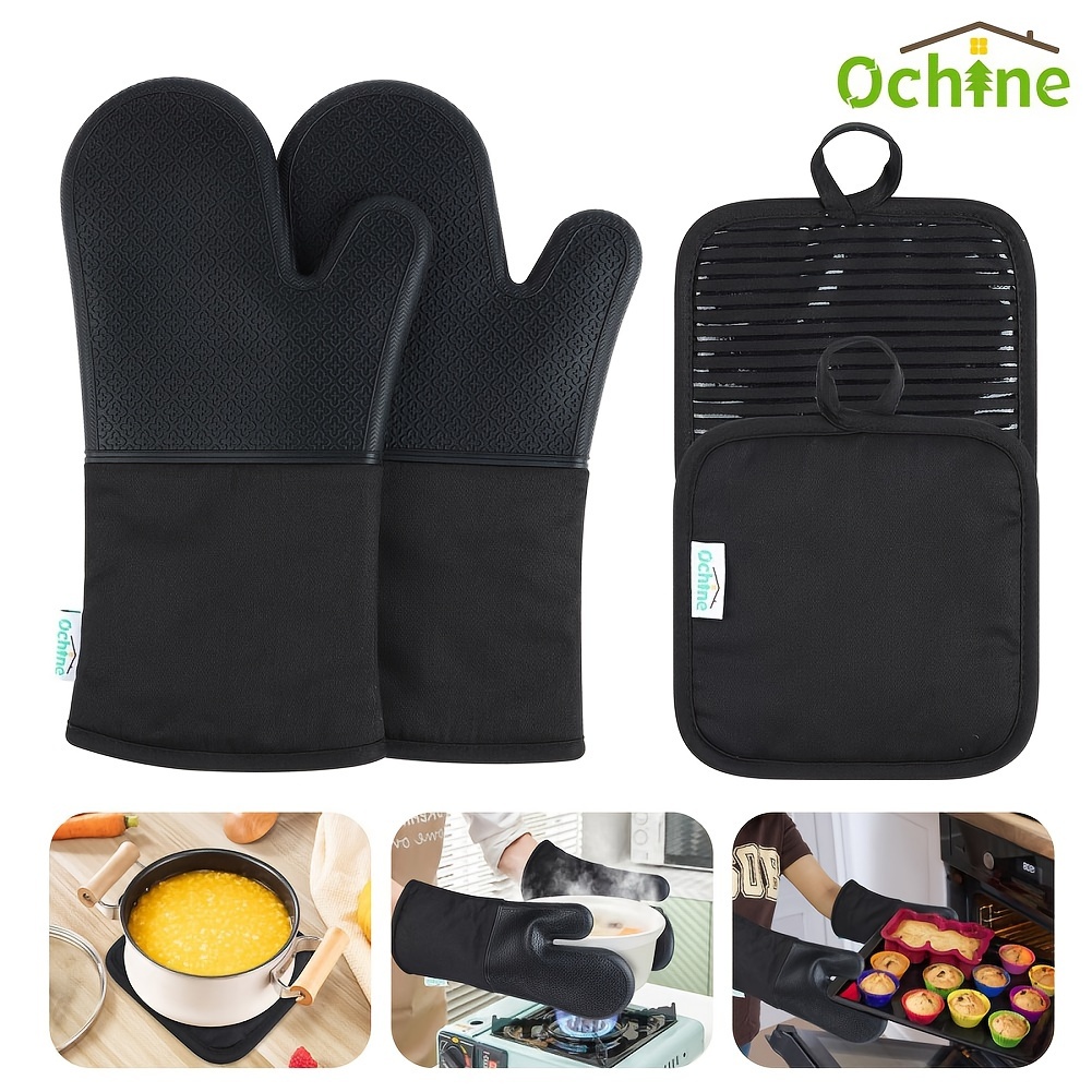 

Oven Mitts And Pot Holders Sets, 4-piece Set, Heat Resistant Oven Mitts, Comfortable Cotton Oven Mittens With Hanging Loop To Protect Hands For Cooking, Baking And Grilling