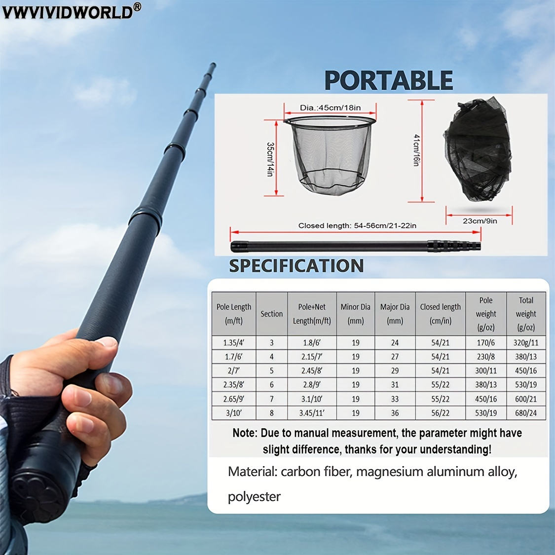 Carbon Fiber Fishing Hand Net with Telescopic Pole, 1.8-3.45m Portable Outdoor Fishing Tackle, Aluminum Alloy Landing Net for Anglers, Black