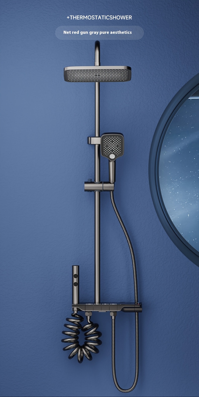 1 Zestaw Thermostatic Shower System w kolorze Gun Gray z 30,48 cm głowicą deszczu, ręczną wodą, regulowaną wysokością, montażem na ścianie i spryskiwaczem do bidetu - Trwały, izolowany cieplnie, odporny na zgniecenia, nowoczesny element łazienkowy, nowoczesny element łazienkowy|Zakończenie w kolorze Gun Gray|Regulowana wysokość, system wodoodporny