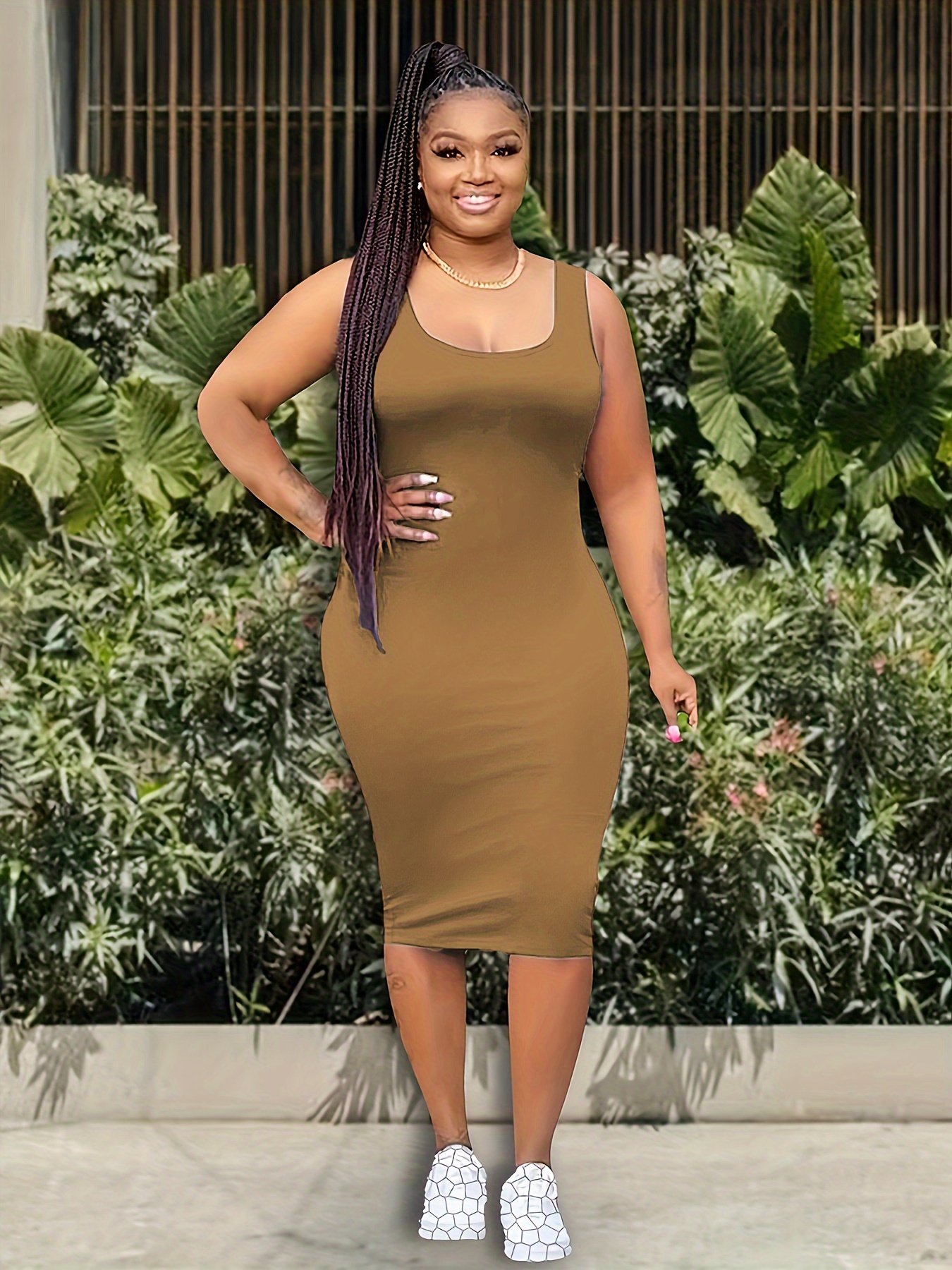 Plus Size Casual Tank Dress, Women's Plus Solid Round Neck Stretch Fit  Tank Dress