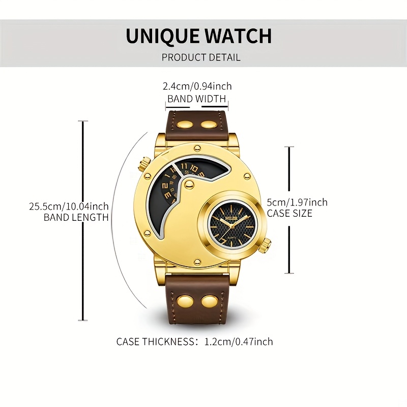 Elegant Men's Quartz Watch with Dual Time Display - Golden-Tone, Faux Leather Strap, Business Style