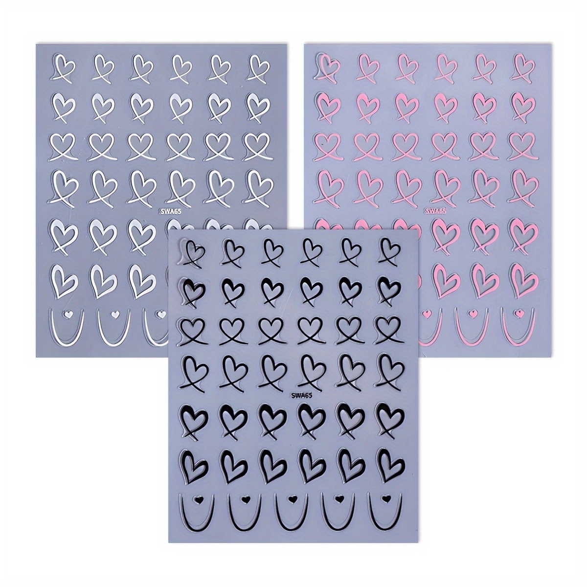 3pcs 3d Love Heart Nail Art Stickers Black White Pink Heart Valentine's Day Nail Decals Festive Manicure Decoration