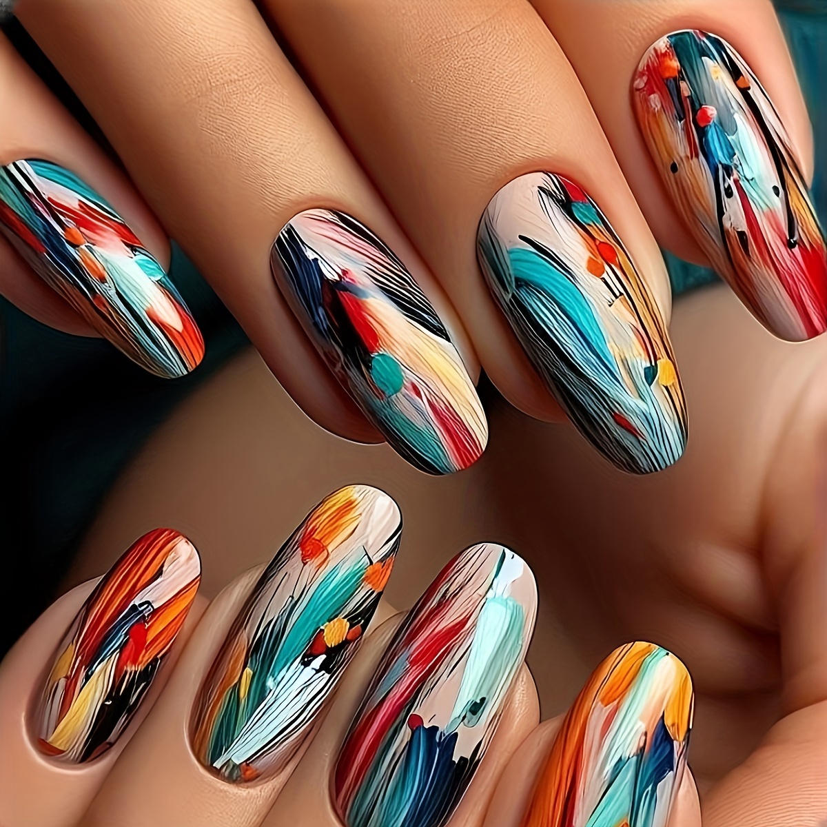 

24pcs Almond Shaped Press-on Nails Set - Mixed Color Oil Painting Design, Medium Length, Plant & Mixed Patterns, Glossy Finish, Includes Jelly Adhesive & Nail File