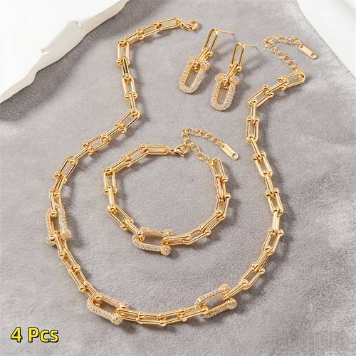 4pcs u shaped 1 necklace pendant 1 bracelet 1 pair of earrings jewelry set womens fashion stainless steel geometric u hand jewelry u shaped chain personalized splicing bracelet retro necklace minimalist chain additions