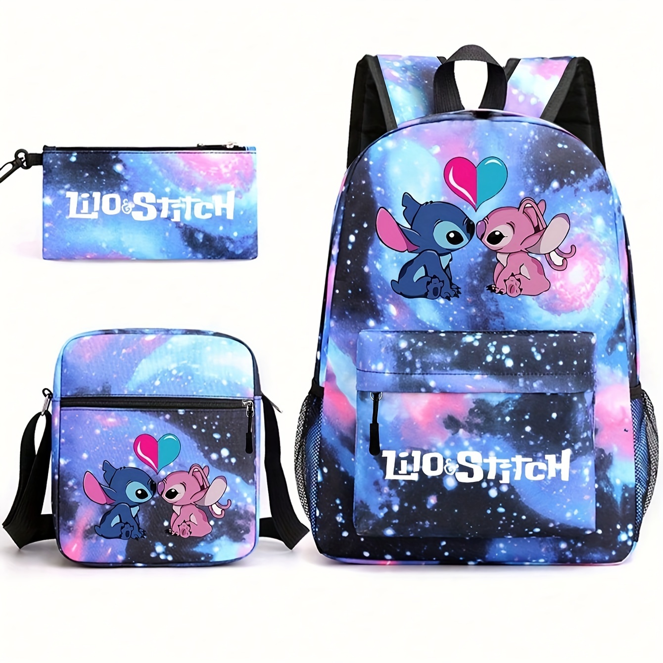 

Stitch And Themed 3-piece Backpack Set With Polyester Material, Adjustable Straps, And Zipper Closure - , Stain Resistant, , With Polyester Lining - Ideal For