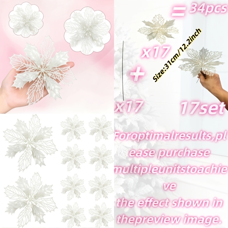 TEMU Juego de lujo de 17 piezas - Flores de Navidad artificiales blancas con una transparente y . Con diseños de de hojas de lujo y de que crean una