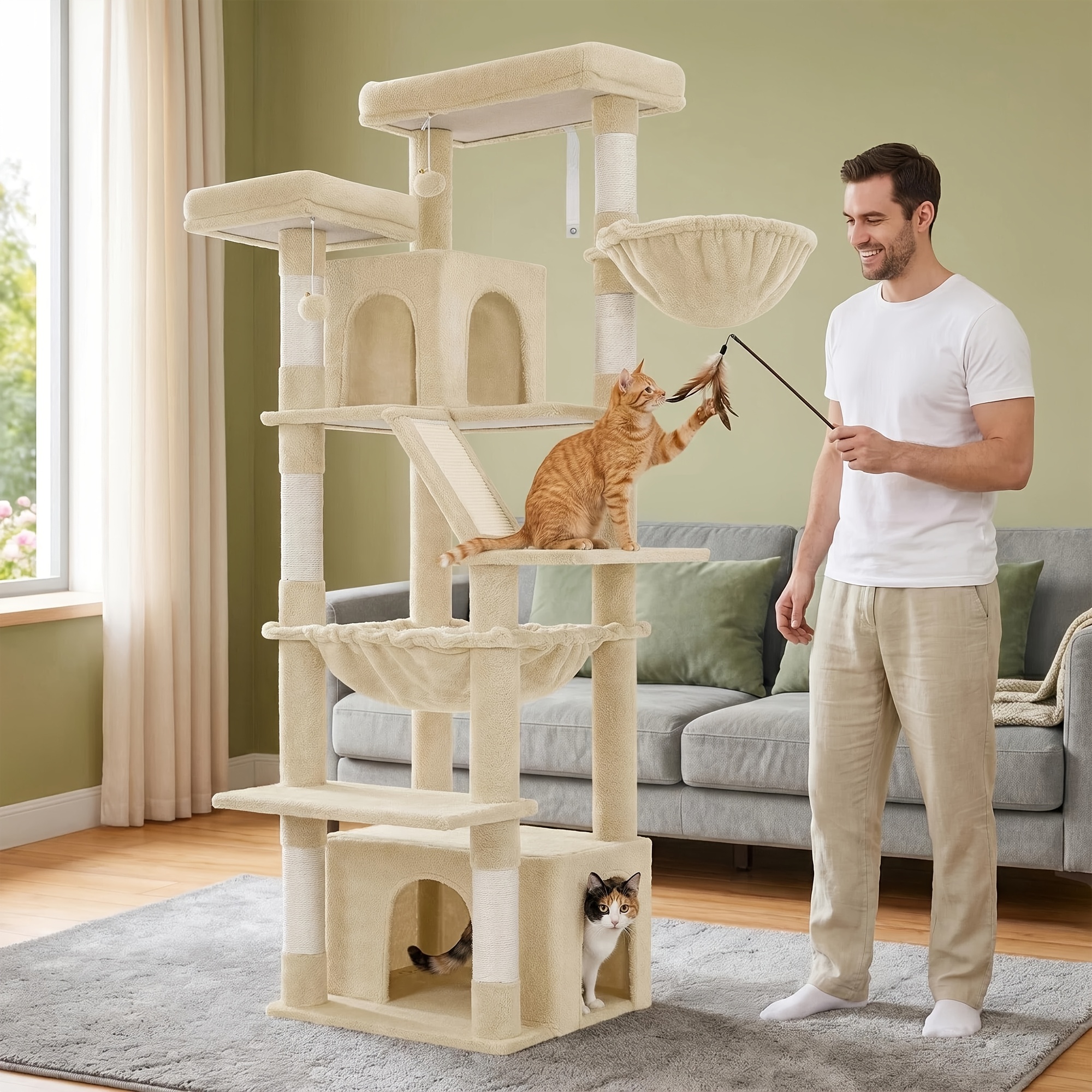 185cm Extra Tall Xl Cat Tree With Double Viewing Platforms And -shielded Caves, Reinforced And Stable Structure, Suitable For Maine Coon Cats, Multi-cat Shared Beige Stable Model