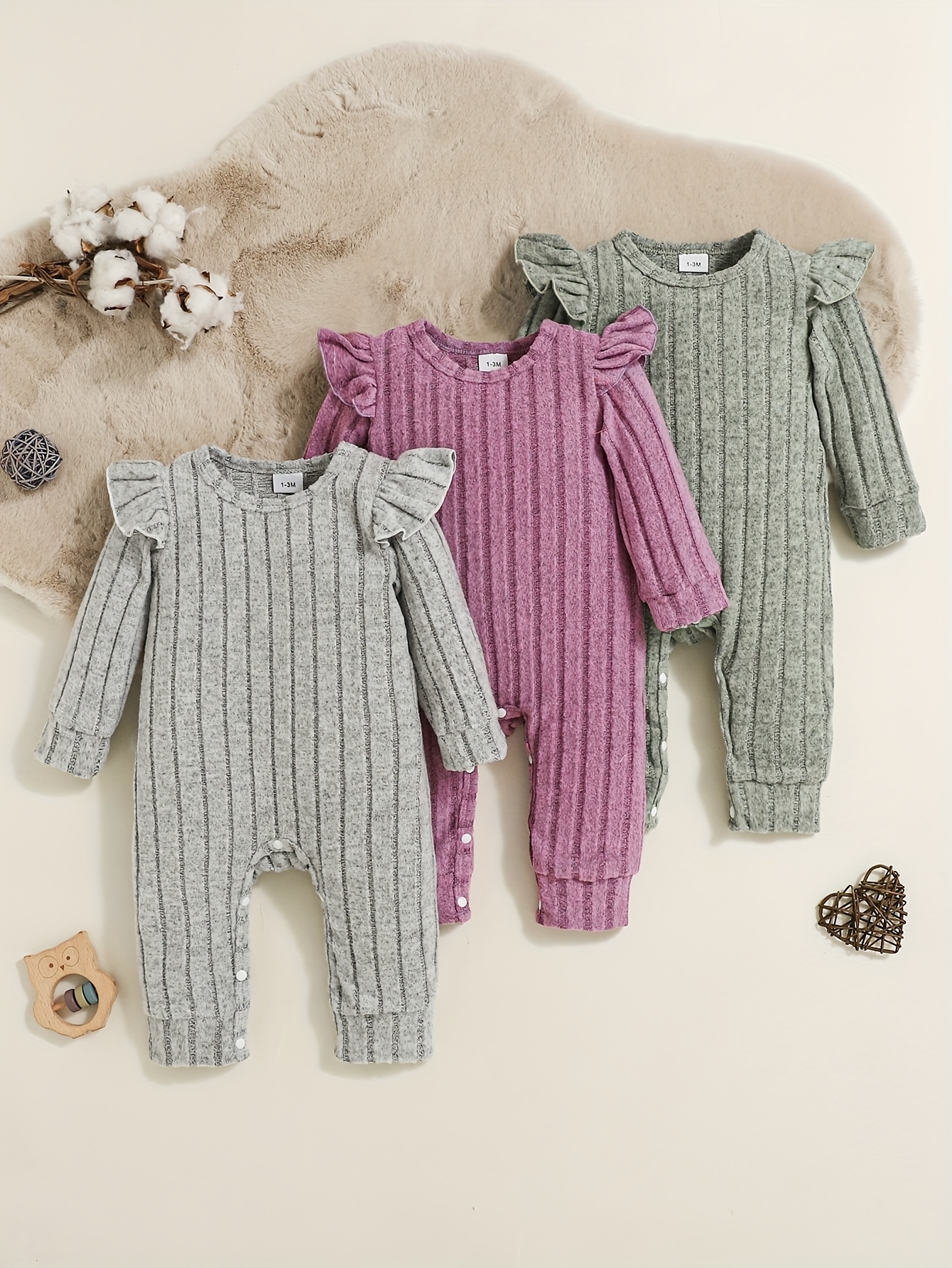3pcs Girls' Autumn/Winter Set in Pink, Purple, Gray, and Green with Round Neck Button-Up Long Sleeve Bodysuits, Perfect for Outdoor