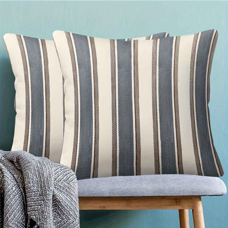 TEMU 2pcs 18x18 Inch Vertical Stripe Blue Gray Horizontal Diagonal Stripe Cushion Covers - Elegant Sofa Bed Pillowcases With Zipper Closure, Machine
