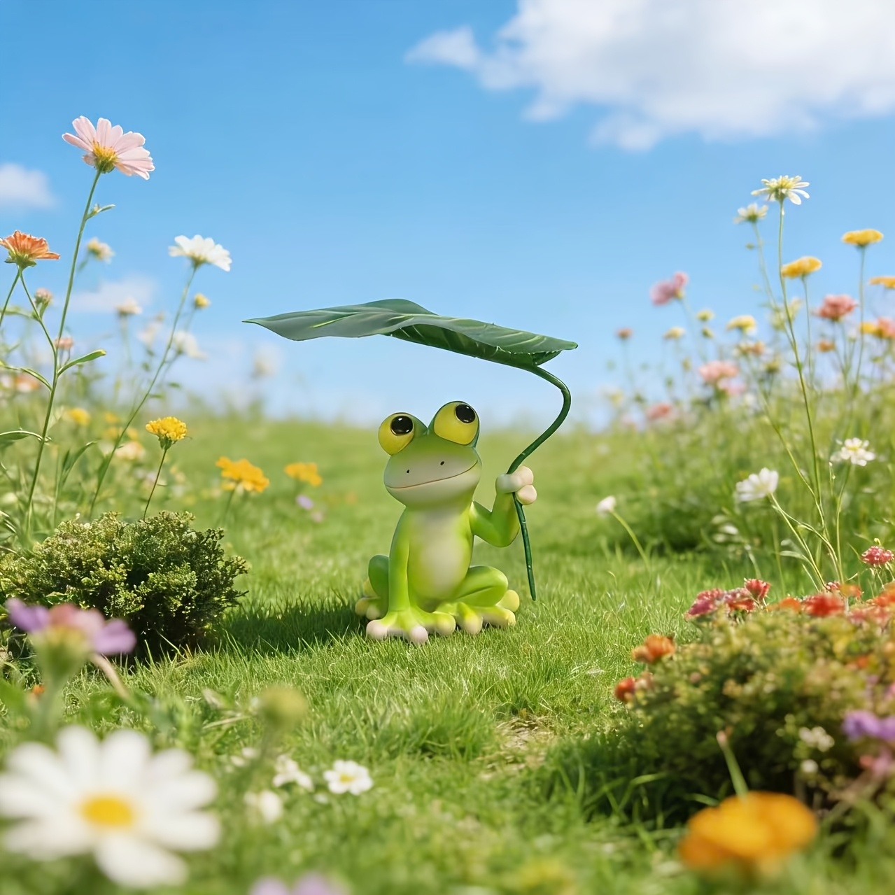 Image of Pond Decoration Handheld Lotus Umbrella Cute Frog Statue, Aquarium Terrarium Garden Resin Ornament