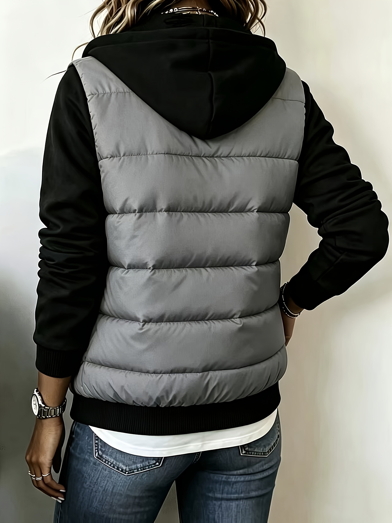   mode automne/hiver pour femme, matelassée, à capuche, à manches longues, à color-block, matelassée en   sur les manches, courte, décontractée et chaude