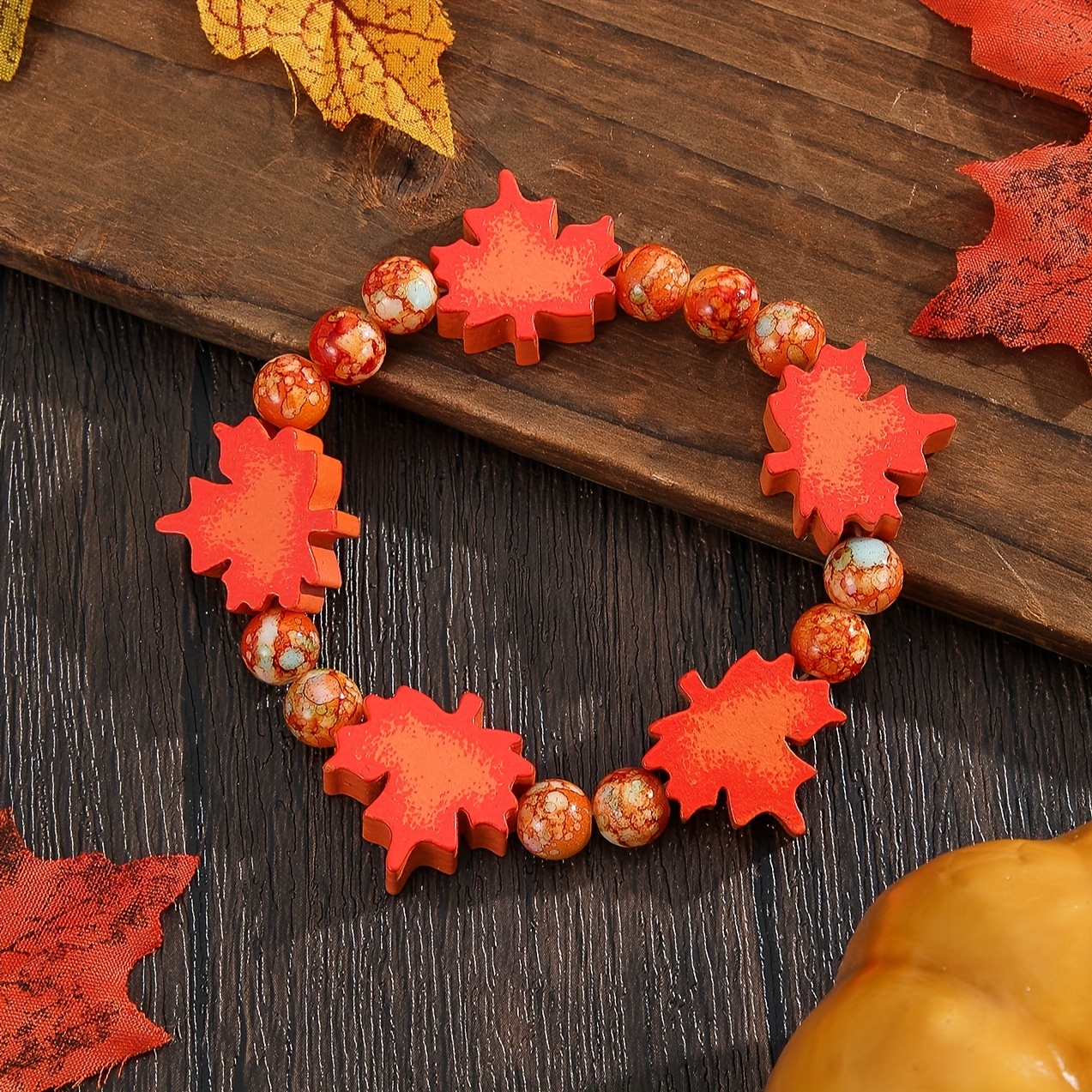 

Thanksgiving Maple Leaf Bead Stretch Jewelry - Festive Handcrafted Elastic Wristband For Women, Wood Material, No Plating, Fashion Accessory For Holiday Party, Vacation, All Seasons, Gift Idea