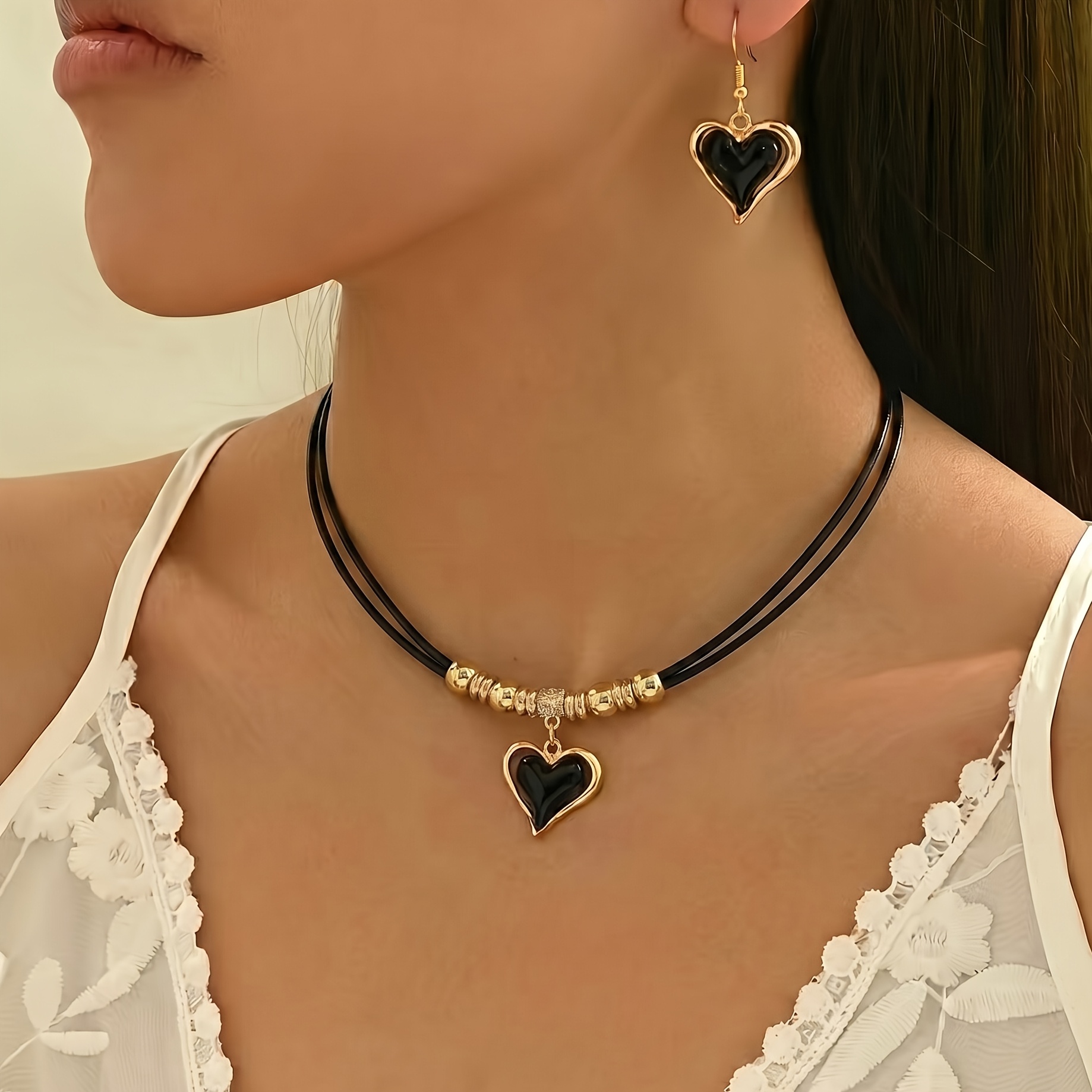 TEMU 2pcs Set Women's Jewelry Set, Vintage , Black Cord Metal Round Bead Necklace + Black Heart Pendant, Matching Earrings, Spring/summer Daily Wear,
