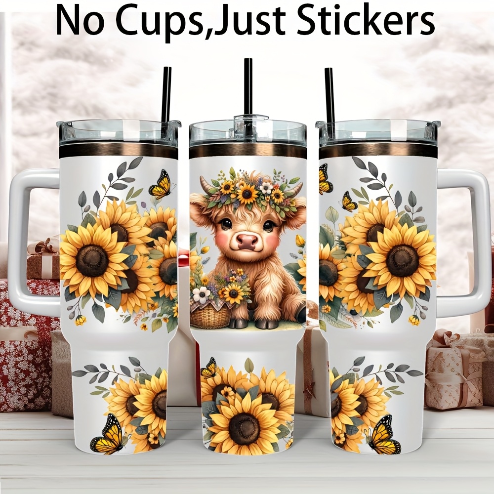 TEMU Set Of 2 Sunflower Uv Dtf Transfer Stickers - Self Adhesive Stickers For 40oz Cups & Bottles - Diy Materials