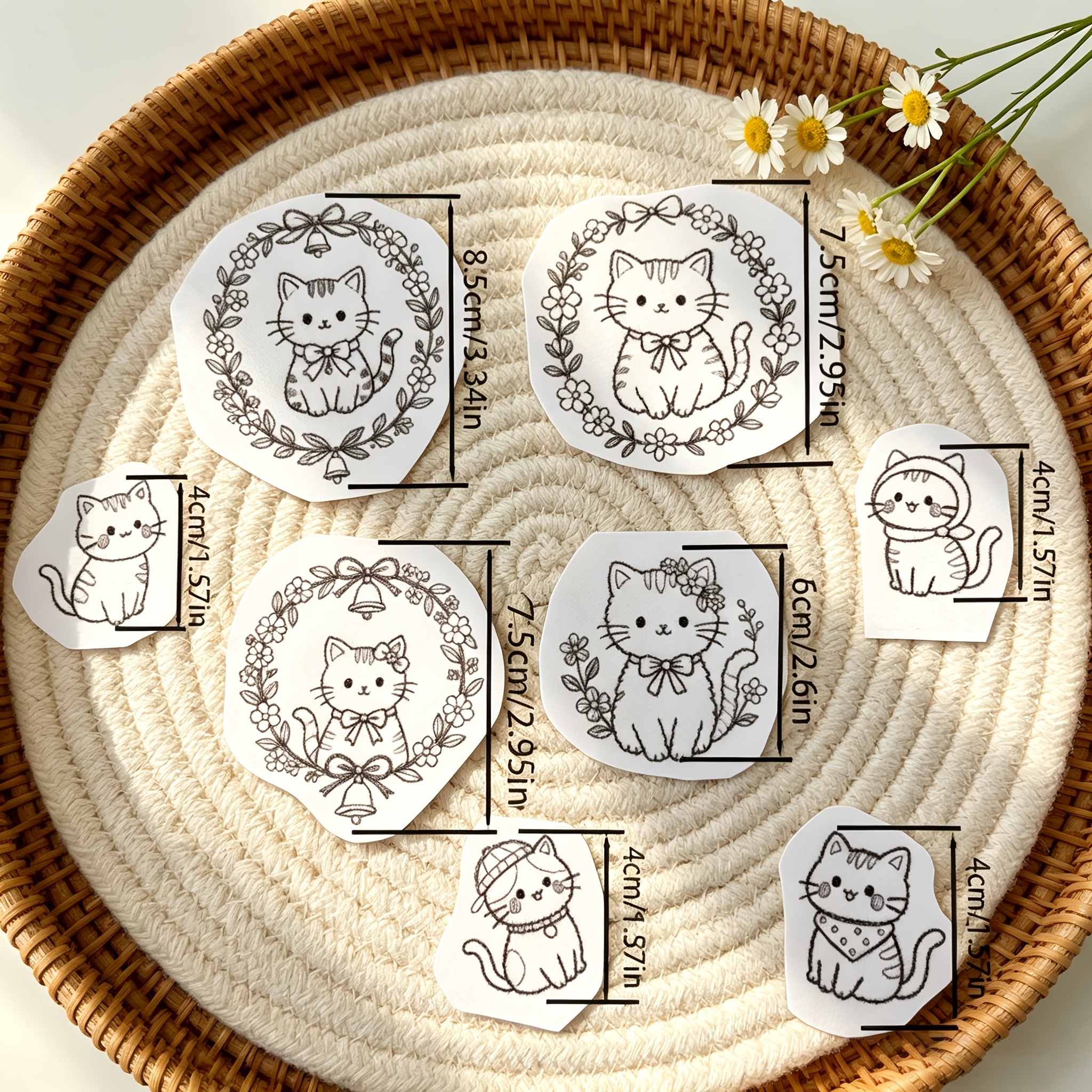 TEMU 8pcs Water-soluble Self-adhesive Cat Animal Embroidery Pattern Set Kit, Washable Floral Embroidery , Suitable For Knitwear, Denim, And