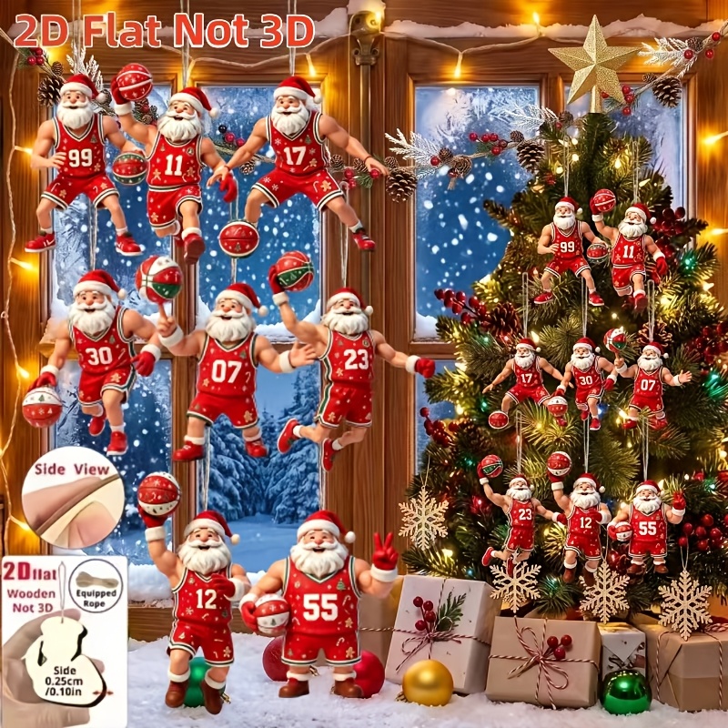 TEMU 2d Flat, 8pcs Santa Claus Basketball Pattern, Wooden Christmas Ornaments, Christmas Tree Hangings, Christmas Decorations, Home Hanging