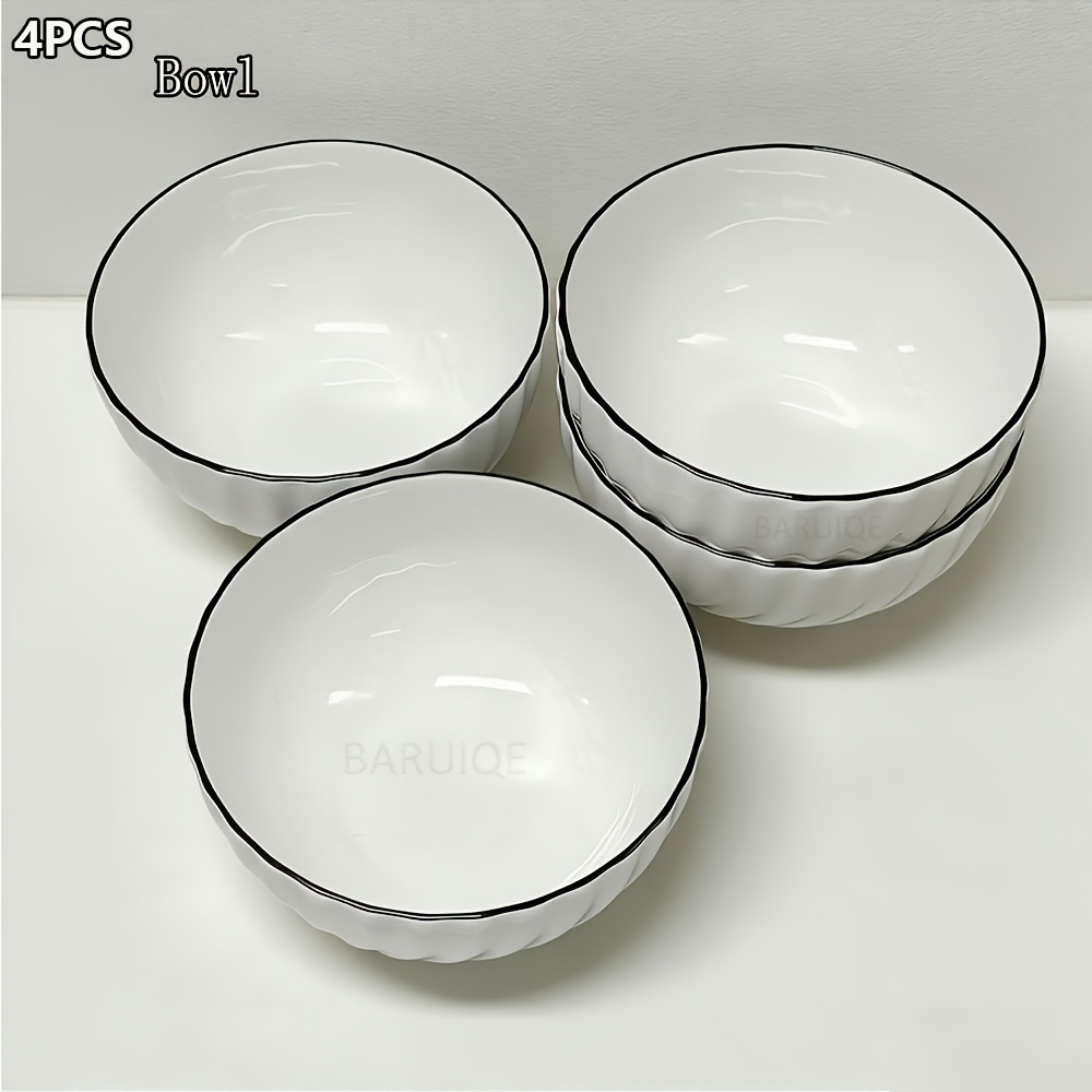 TEMU 4pcs Bowl/ 4pcs Salad Plate/ 4pcs Dinner Plate, Plates And Bowls Sets, Modern Porcelain Dinnerware Set, Ceramics Tableware Set With Black Rim,