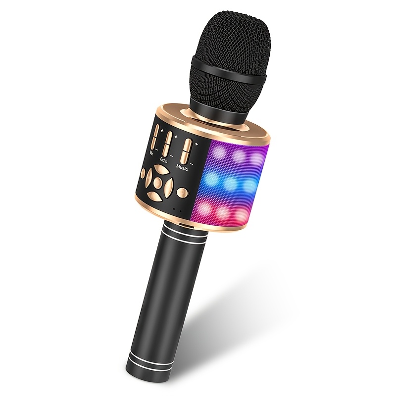 TEMU Microphone Karaoké Fil, Haut-parleur Microphone Portable 4-en-1, avec Sonores Magiques et Lumières LED Multicolores - Parfait pour des Fêtes