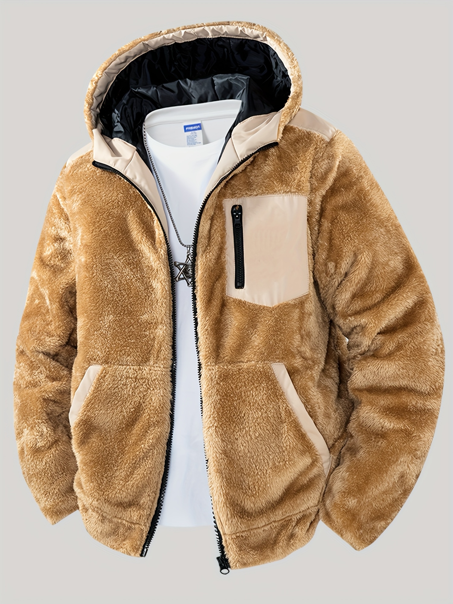 Men s Retro Oversized Fuzzy Hooded Jacket with Plush Collar & Asymmetrical Hem -   Zippered Coat, Machine Washable Polyester, Casual Outerwear for Men (Black)