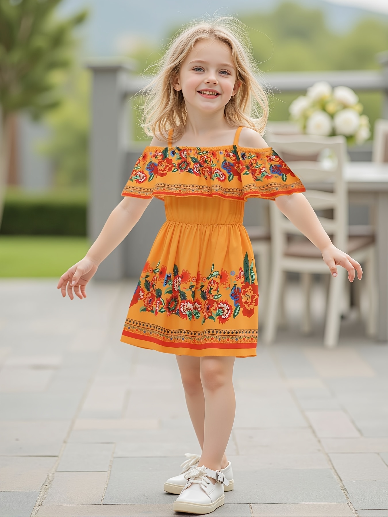 vestido floral hombros descubiertos niñas anaranjado Temu Mexico