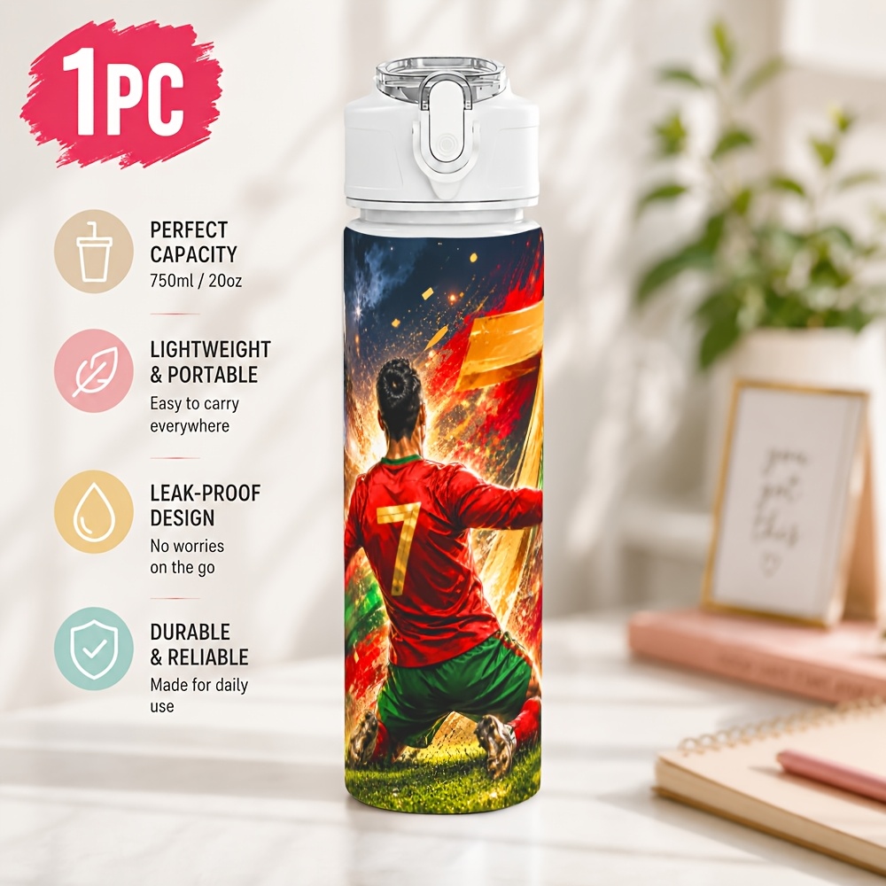 TEMU 1pc Soccer Player 750ml Plastic Sports Water Bottle, Clean , Leak-resistant Hydration Cup With Push-button Open, Clear Lid, One-hand Operation,