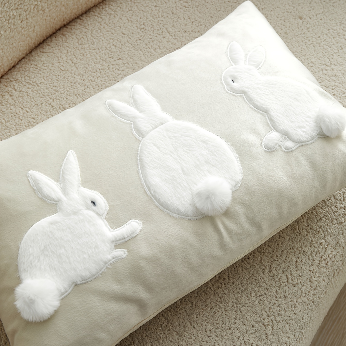 Image of 1ps Classic Embroidered Applique Rabbit Cushion Cover, With 3 Handmade Rabbit Decorations, Suitable For Easter Home Decoration Pillowcase, Living Room Sofa, Bed Decoration, Excluding Core