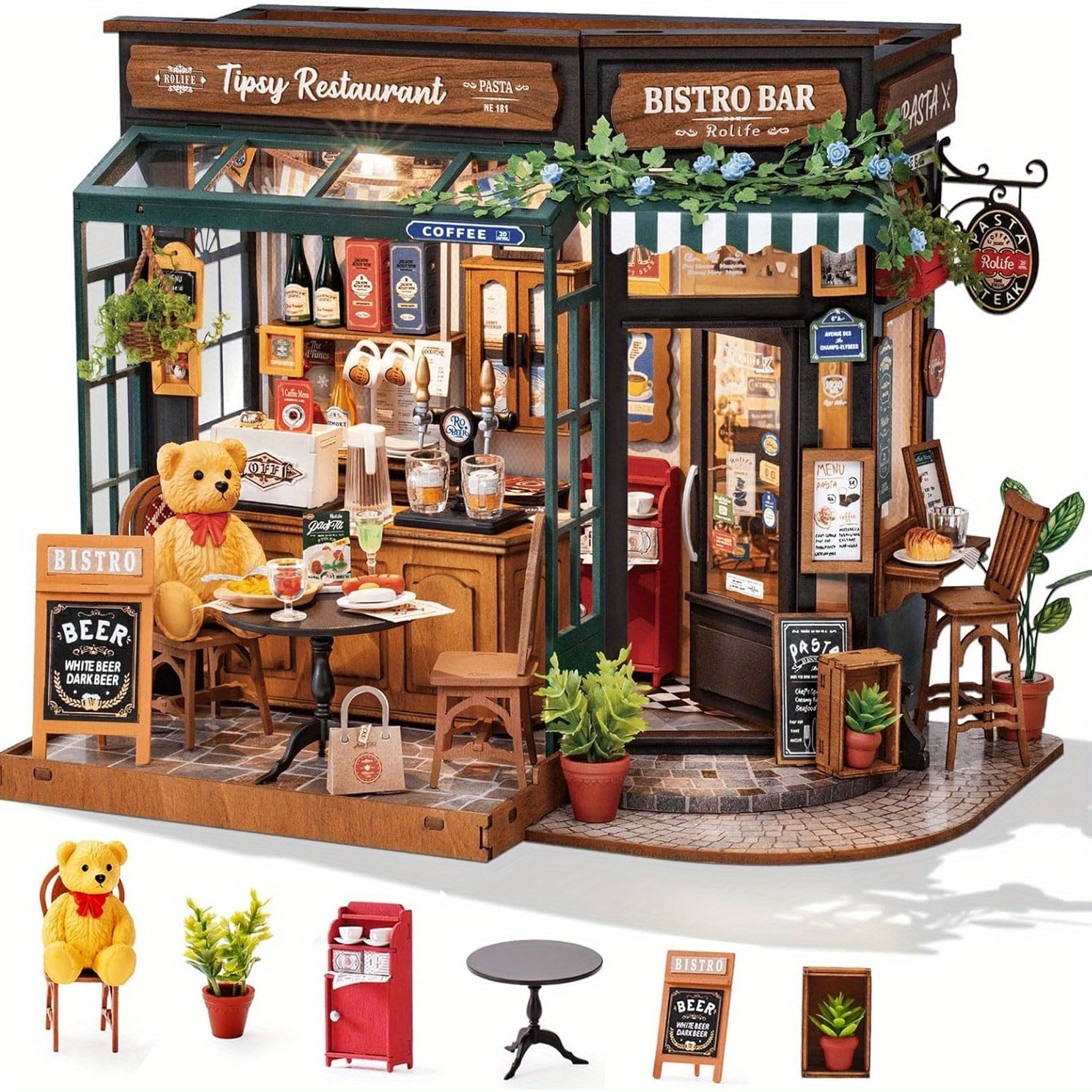 Image of Robotime, Dollhouse Bear Diner, Premium Miniature House Kit, Wooden Assembly Model, Handmade Room Scene Decoration, Creative Gift For Craft Lovers-dg167