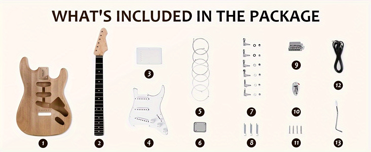 Fesley DIY Electric Guitar Kit, Build Your Own Guitar Kit with Poplar Body & Canadian Hard Maple Neck, ST Style, 6 Strings, SSS Pickups, Solid Construction, Fretboard Design, Natural, Music Craft Project, Home Guitar Assembly, String Instrument Kit, Instrument Builders, Hobbyist Musicians