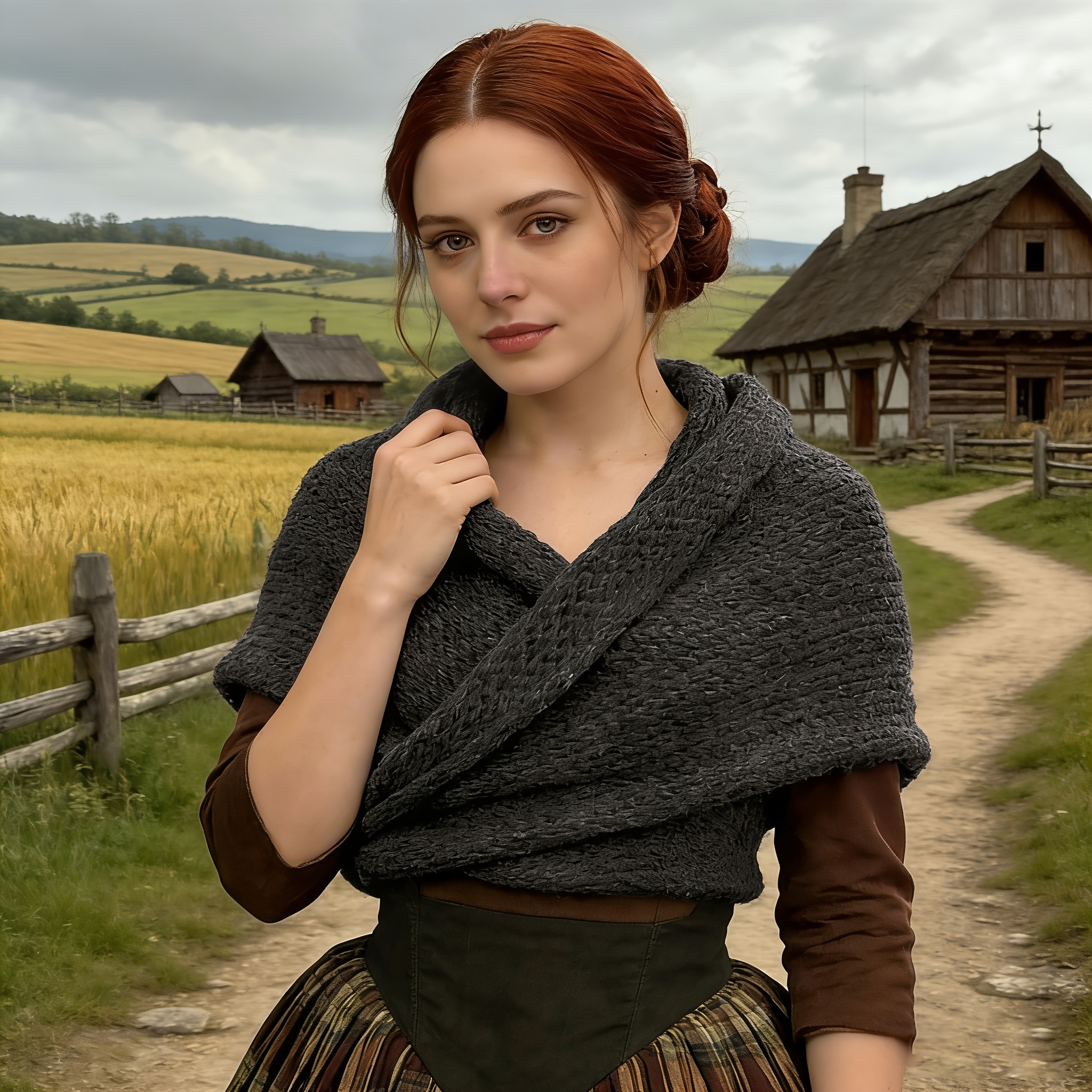 Image of Thick Knit Triangular Scarf In Renaissance Style For Women, Perfect For Viking Bridesmaids . This Knitted Shawl Serves As A Retro For Halloween, Carnival Cosplay, And Medieval Costume Events