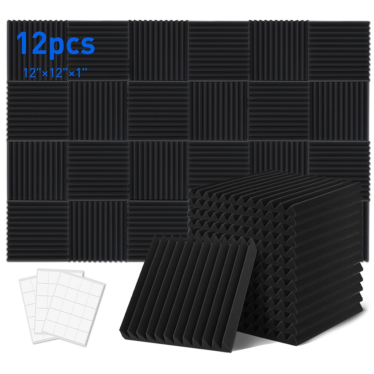 

12pcs Studio Soundproofing Wedges Absorption Treatment Sponge With Double Side Adhesives - Improve And Noise, 1" X 12" X 12" Fire Resistant Acoustic Foam Panels, Made Of Polyurethan, Black