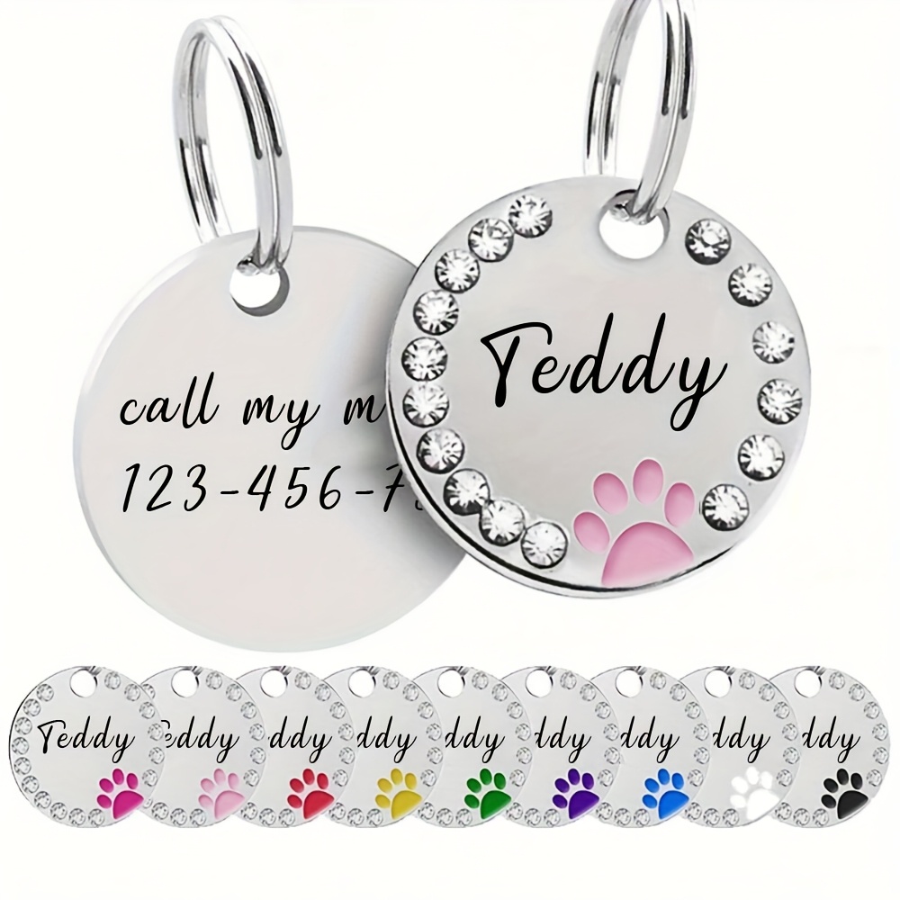 TEMU 1pc Custom Engraved Dog Id Tag - Round Alloy Pendant With Paw Print, Sparkling Accents & Personalized - Elegant Pet Accessory In Exquisite