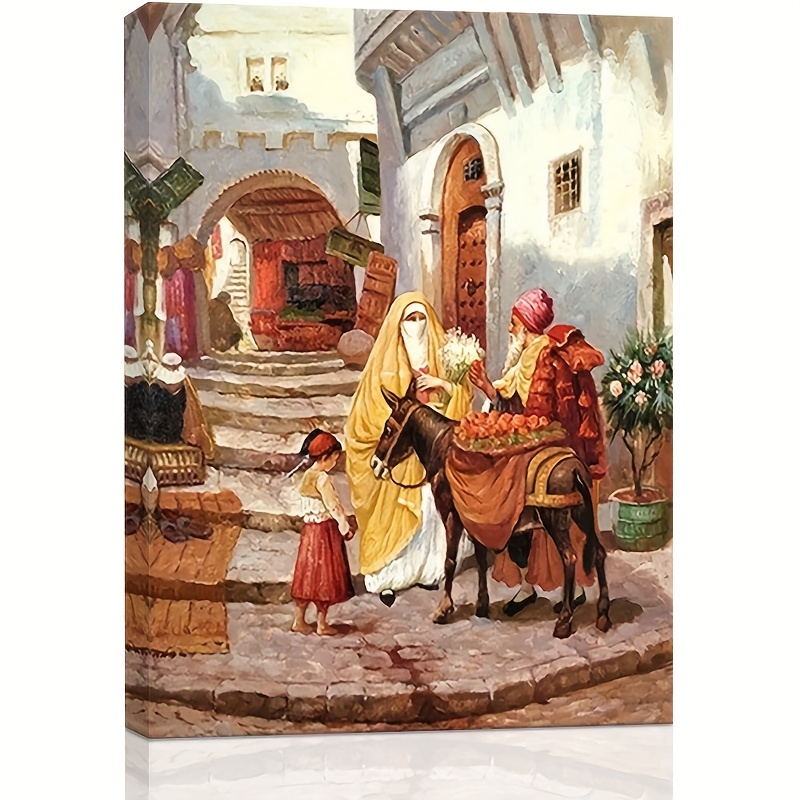 TEMU Tableaux 1pc Encadré Art Algérien Toile Murale - Scène de Village avec Femme en Robe Jaune, Cheval & Louche, Parfait pour Décoration de Salon,