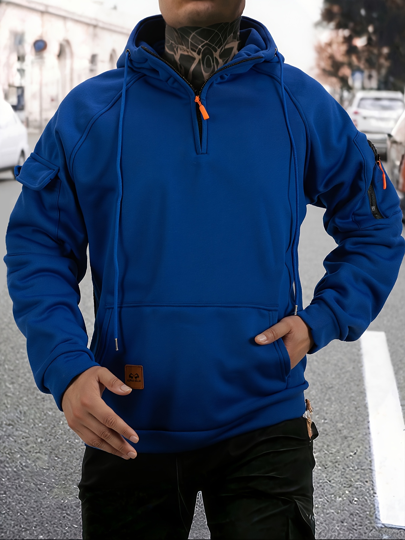 Men s Fleece-Lined Hooded Sweatshirt - Royal Blue Casual Pullover with Zipper Pockets & Kangaroo Pocket, Regular Fit Long Sleeve  , Machine Washable Autumn Winter Essentials