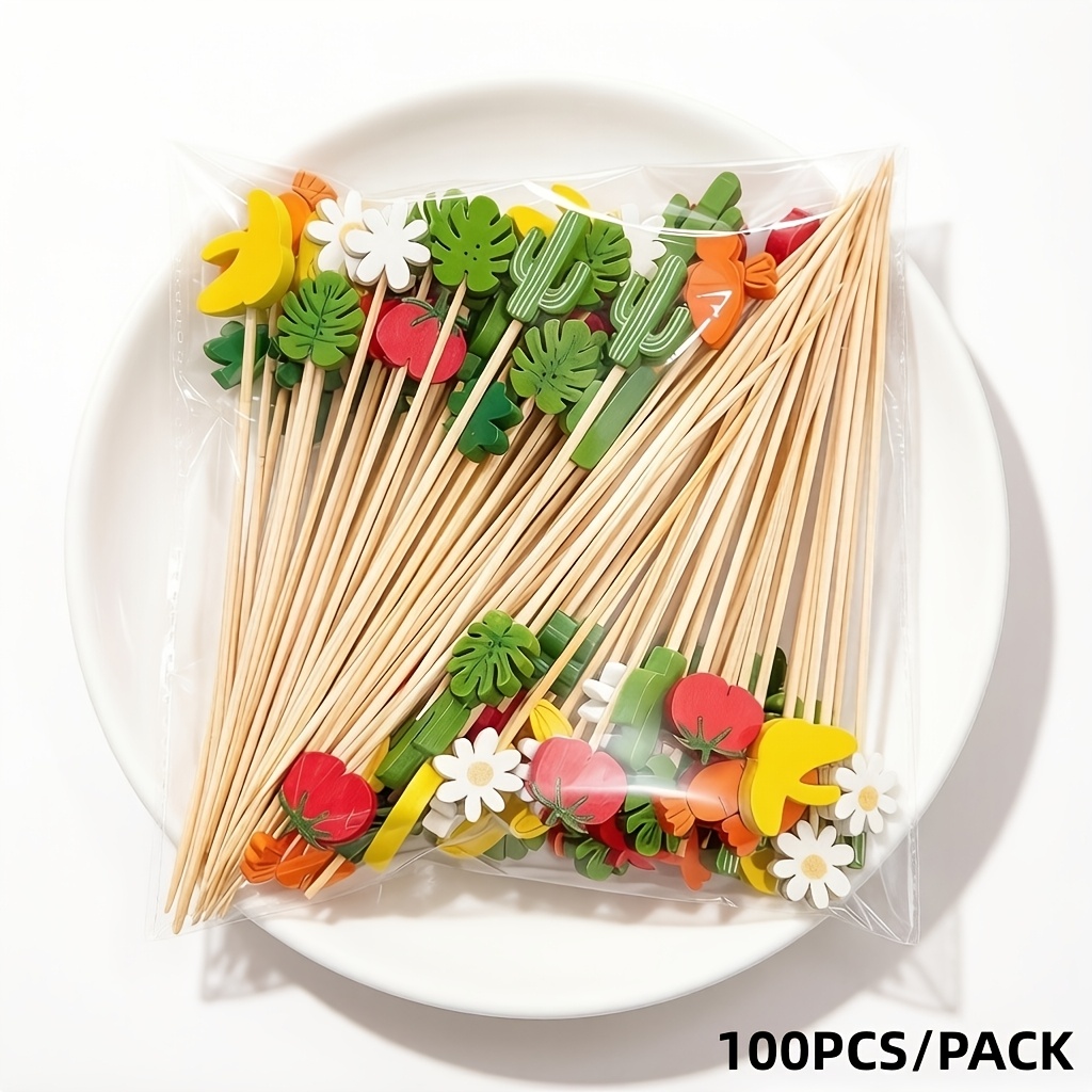 Image of 100pcs/pack Cute And Creative Plant Disposable Fruit Decoration Tags And Tags Are Suitable For Bar, Restaurant, Theme Party, Dessert, Cake And Fruit Platter Decoration