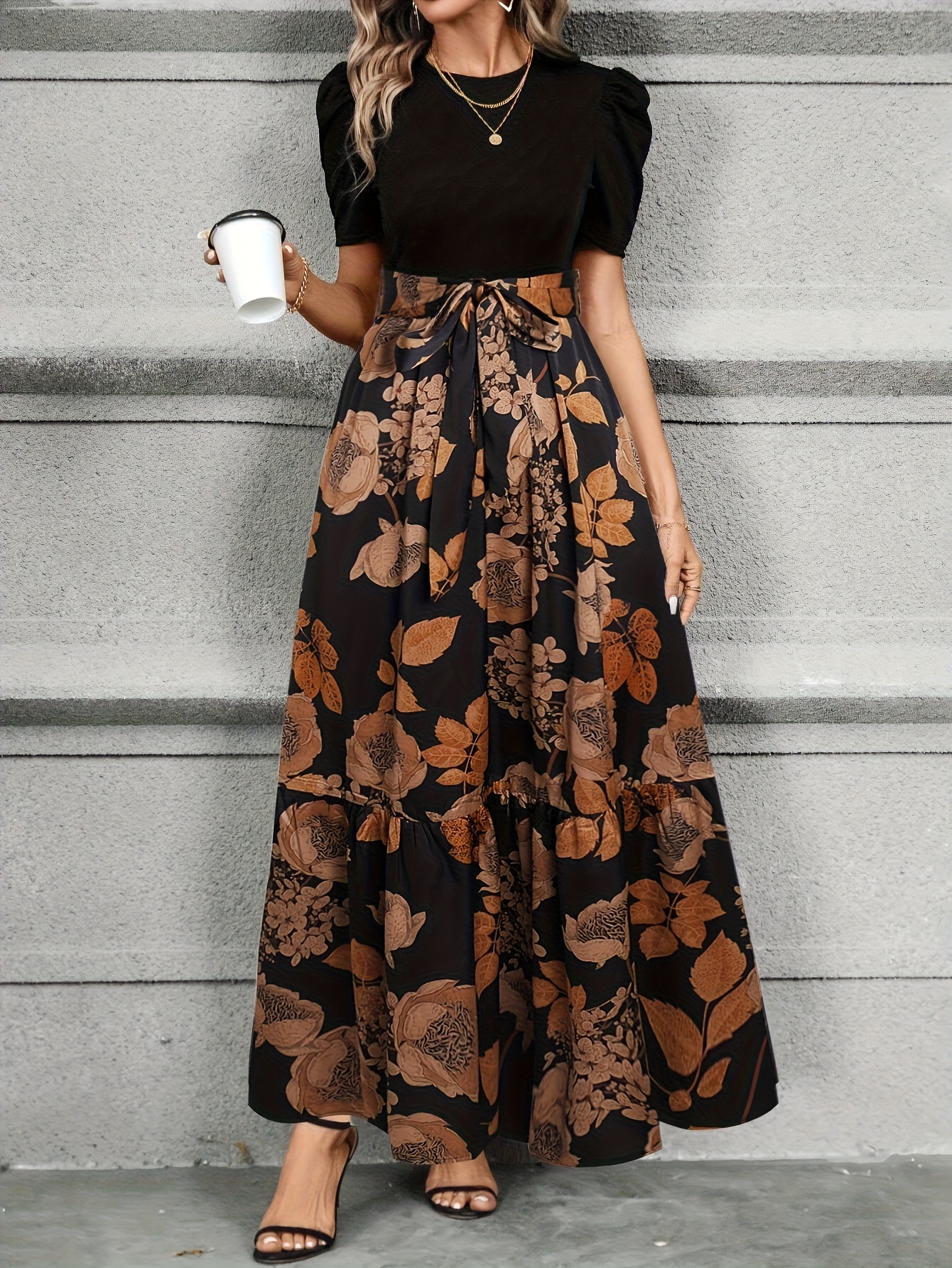 womens elegant a line bubble sleeve dress floral print bow - Temu  Philippines