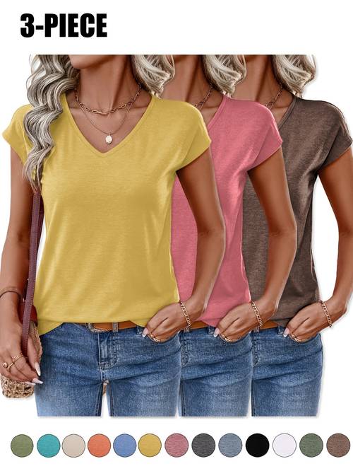set mit drei einfarbigen v-ausschnitt-t-shirts aus buntem stoff für frühling und sommer