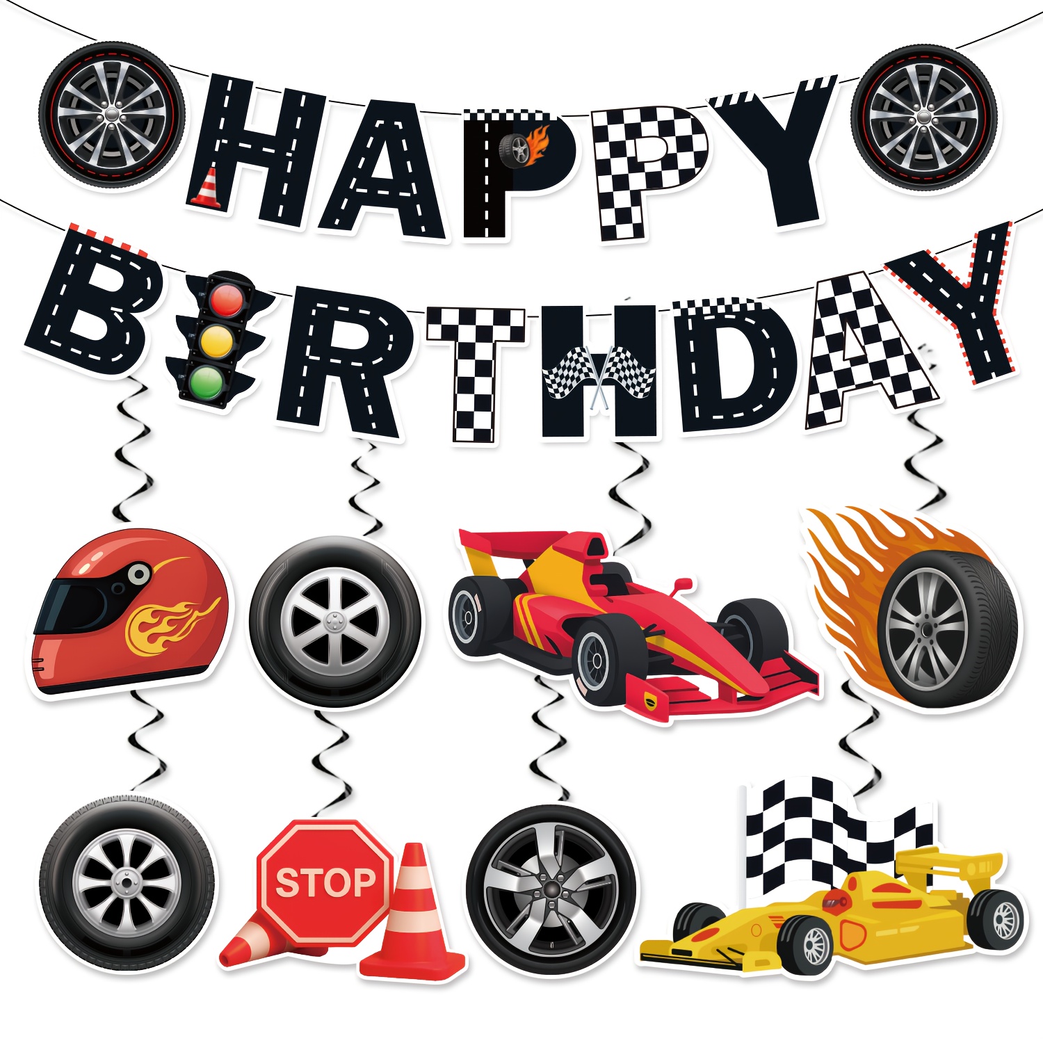 Image of 31pcs, Party Banner, Racing Birthday Party Banner Hanging Swirls Decorations, Racing Tire Party Hanging Swirls Decorations For Home, Living Room, Outdoor Decorations