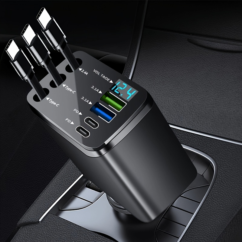 New 7-in-1 Multi-functional Car Fast Charger With 3 Retractable Fast Charging Cables, 180-degree Rotatable Led Display Car Charger