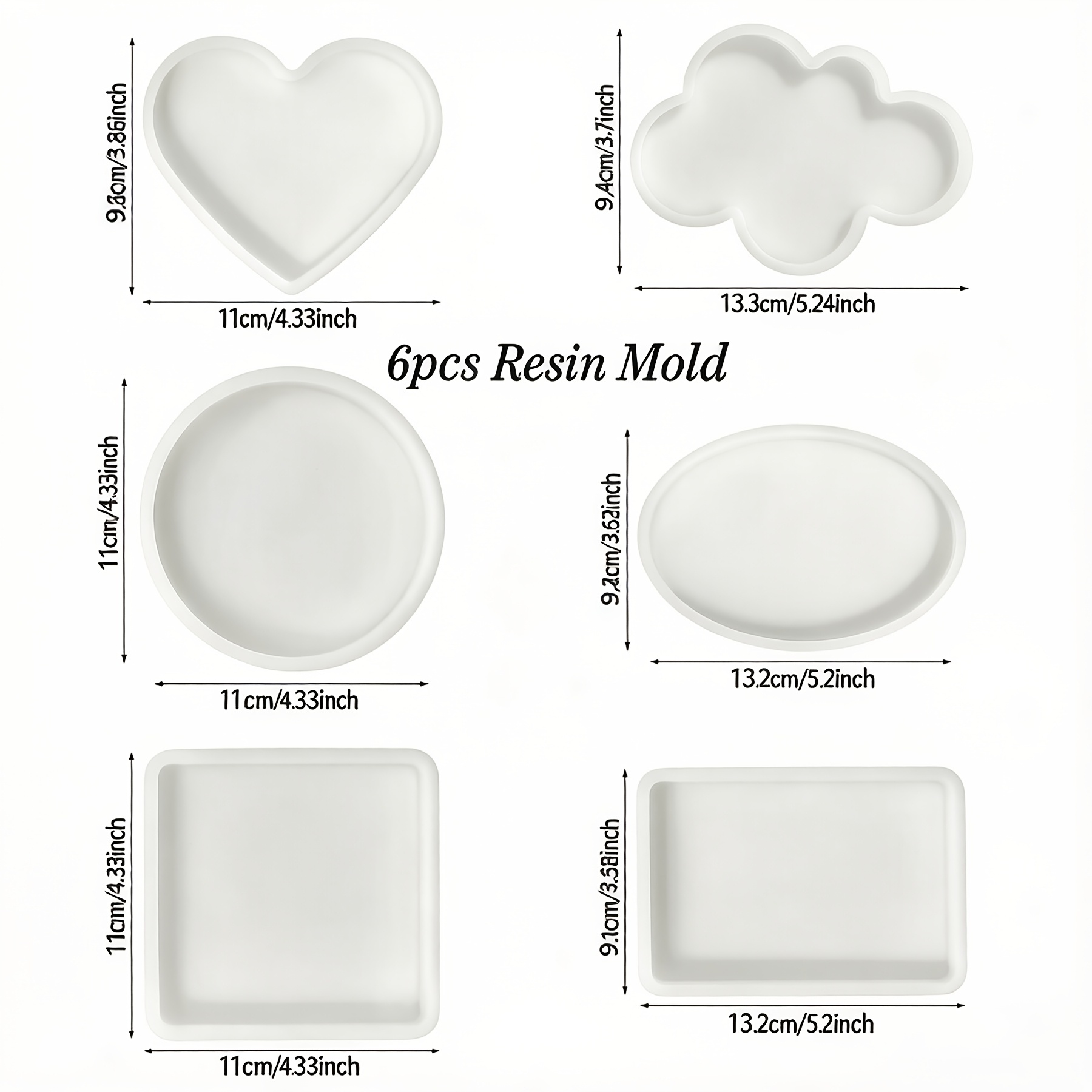 TEMU 6pcs Resin Coaster Silicone Mold Set, Square/round/heart/cloud/oval Shapes, Epoxy Resin Tray Molds For Coaster, Jewelry Holder, Dried Flower