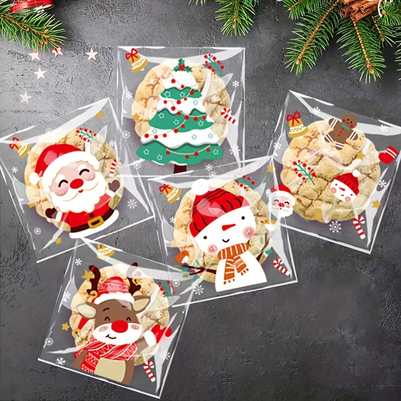 

100 Pcs Christmas Festive Cellophane Bags - Disposable Plastic Self-adhesive Cookie Bags For Holiday Candy, Bakery, Snack Packaging With Santa, Reindeer, Snowman Designs